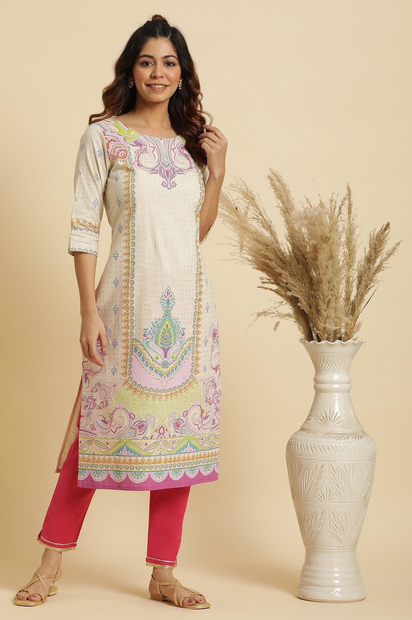 Ecru Straight Kurta With Multi-Coloured Print - wforwoman