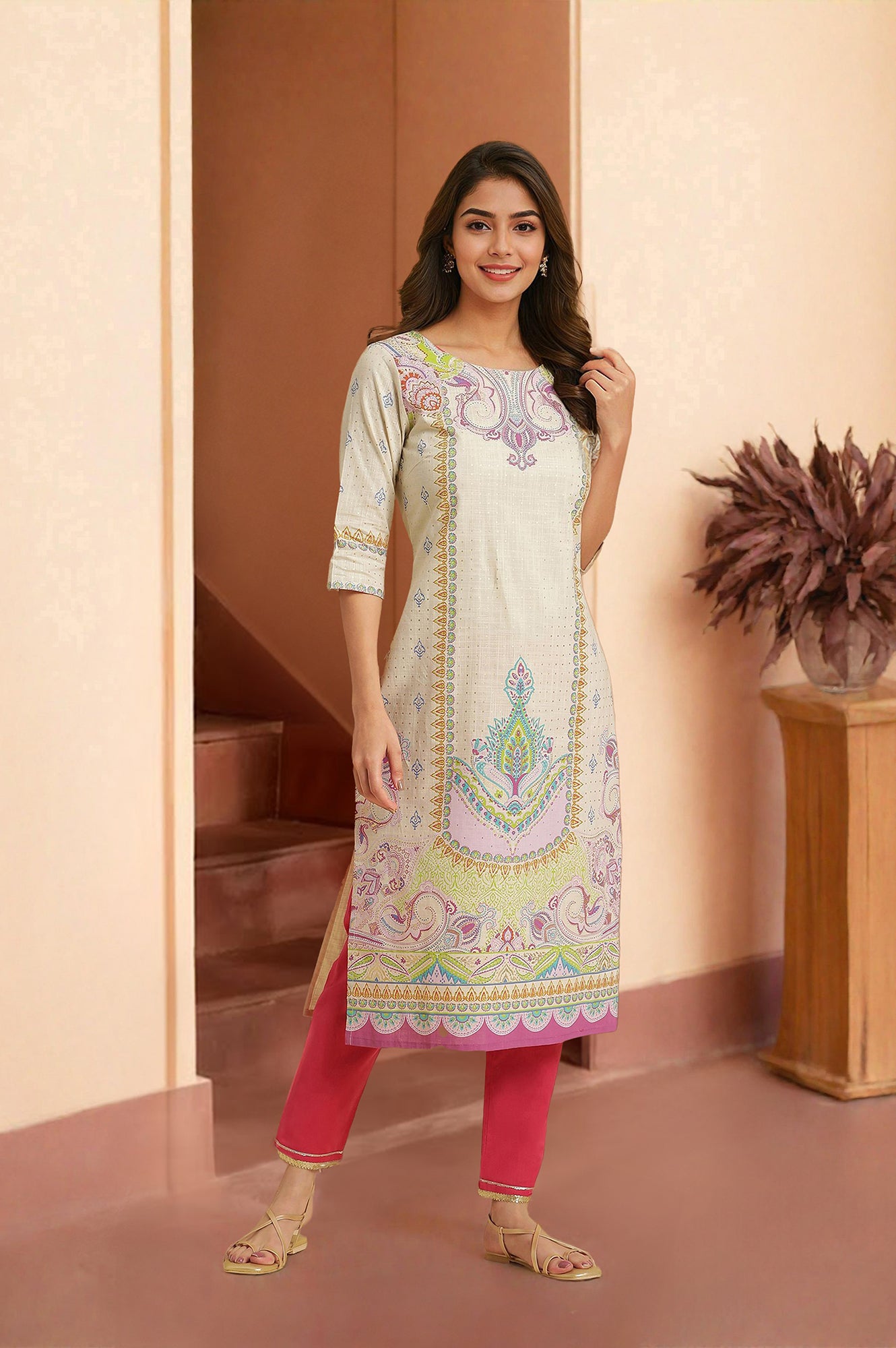 White Ethnic Motif Pure Cotton Straight Kurta