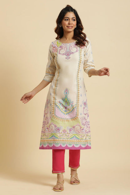 Ecru Straight Kurta With Multi-Coloured Print - wforwoman