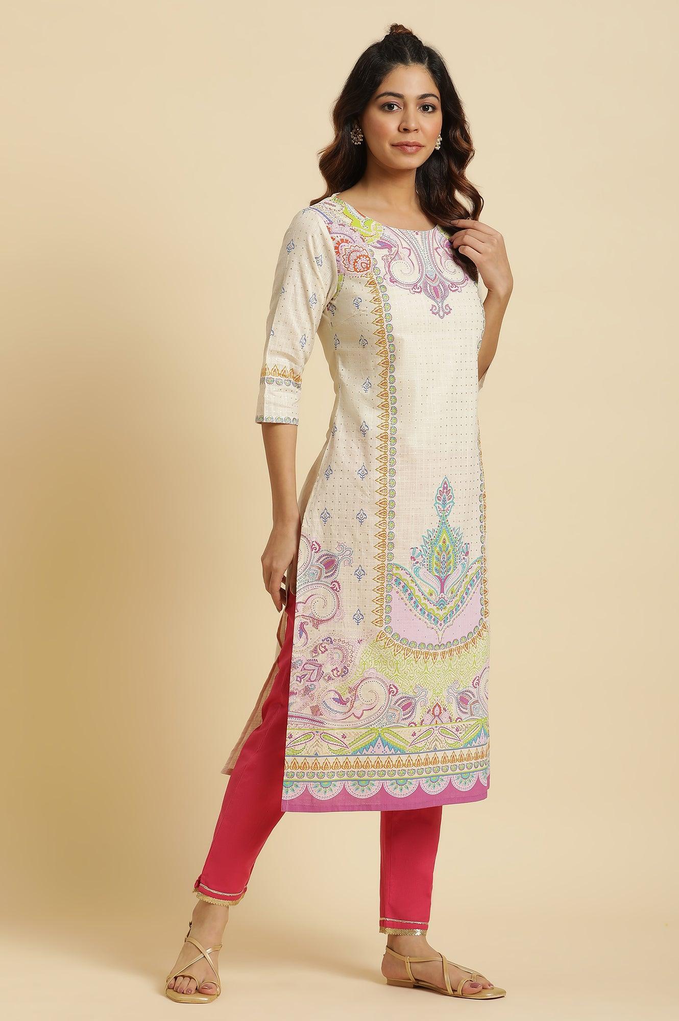 Ecru Straight Kurta With Multi-Coloured Print - wforwoman