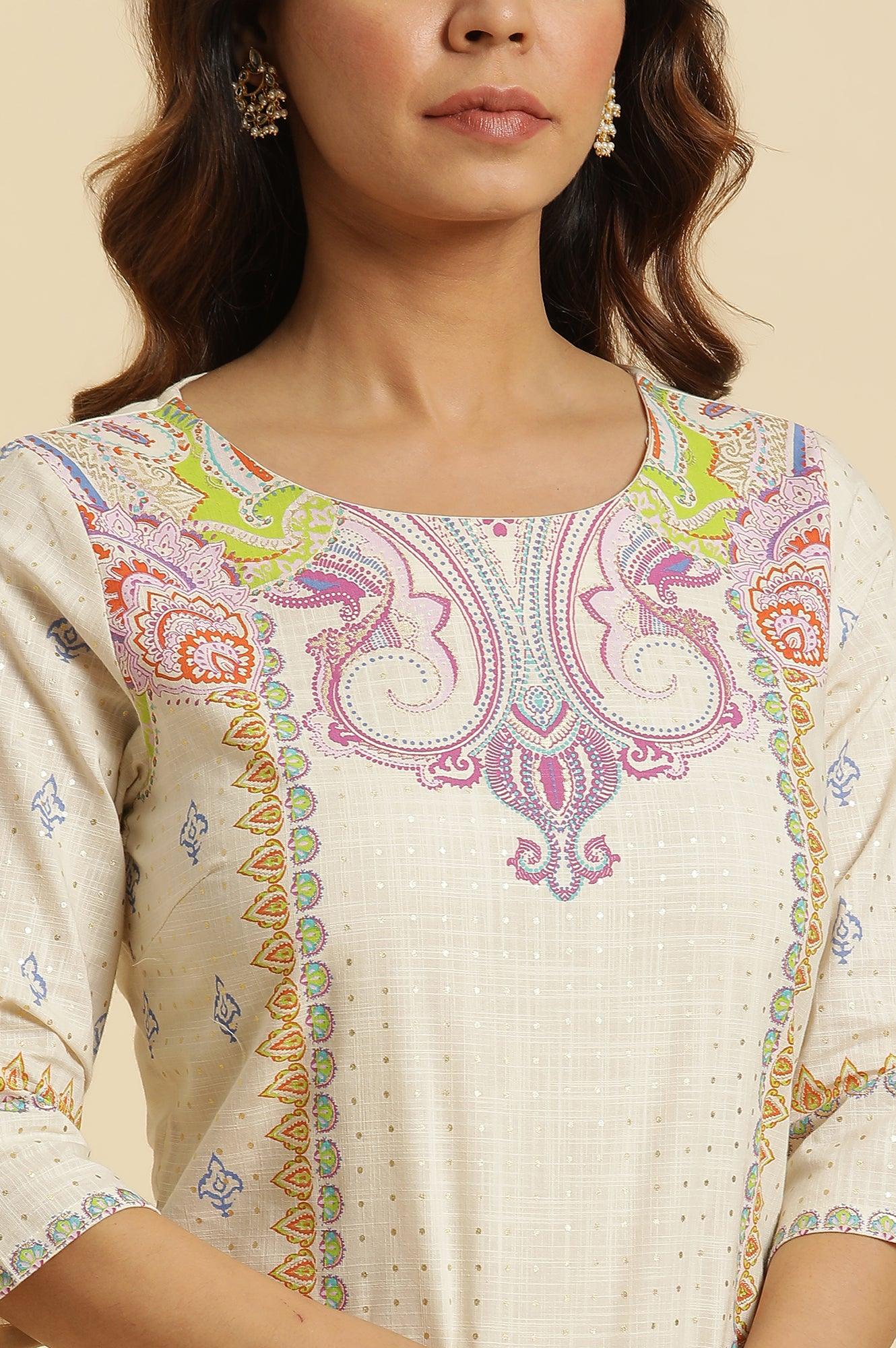 Ecru Straight Kurta With Multi-Coloured Print - wforwoman