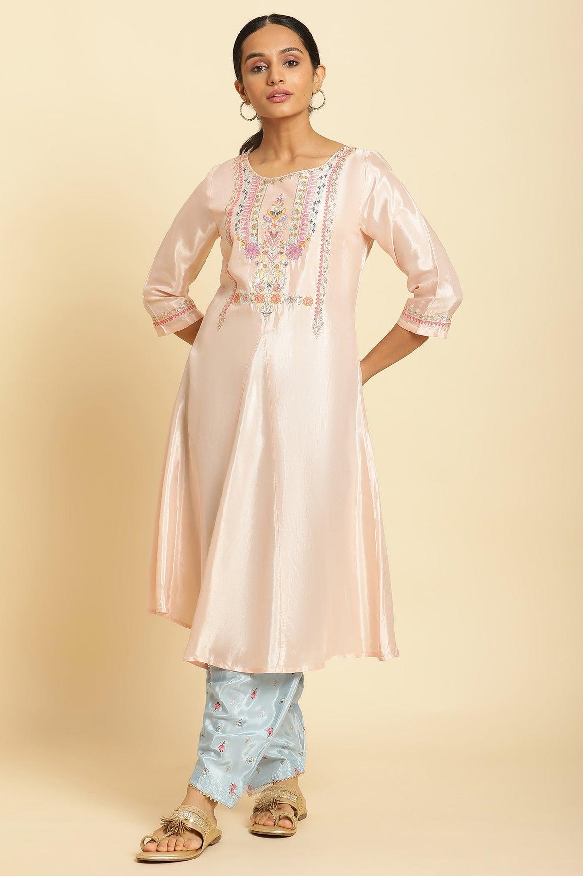 Peach Embroidered Flared Kurta - XS