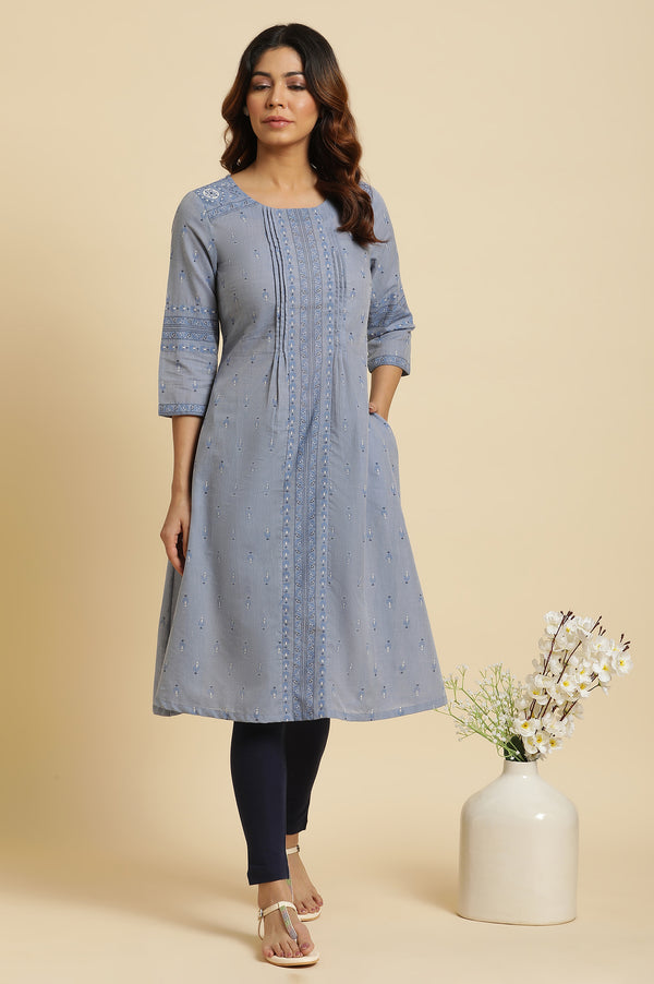 Blue Printed Pure Cotton A-line Kurta