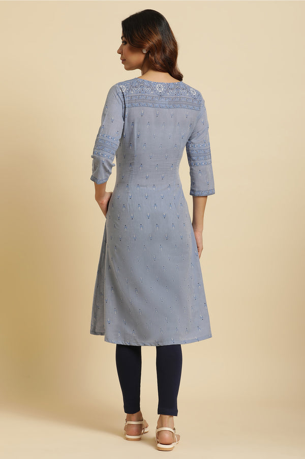 Blue Printed Pure Cotton A-line Kurta