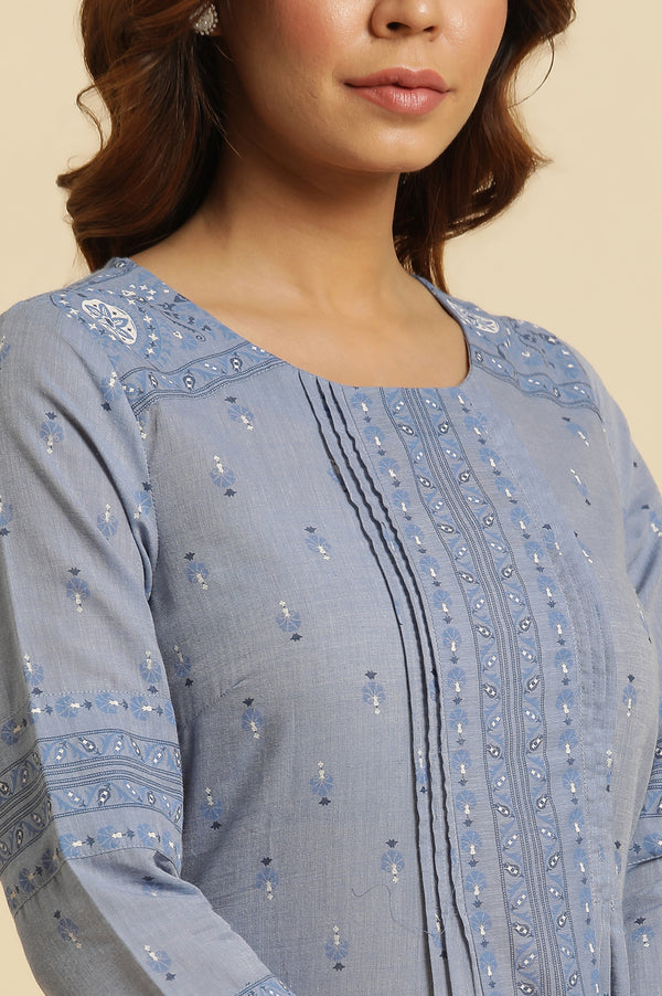 Frost Blue Floral Printed Pure Cotton A-line Kurta with Slim Pant Set