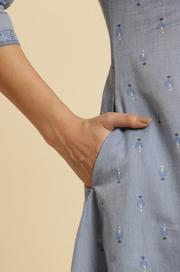 Blue Printed Pure Cotton A-line Kurta