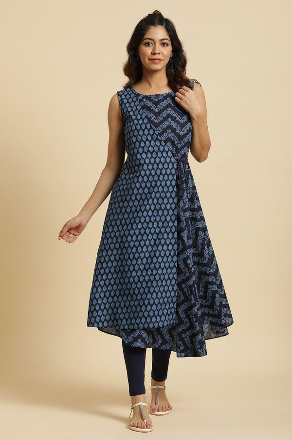 Blue Mock Wrap Print Mix Kurta