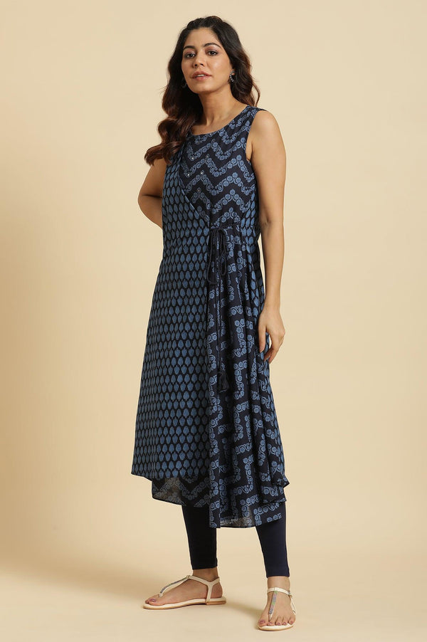 Blue Mock Wrap Print Mix Kurta