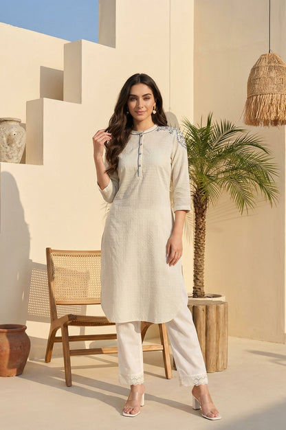 White Thread Embroidered Textured Cotton Kurta