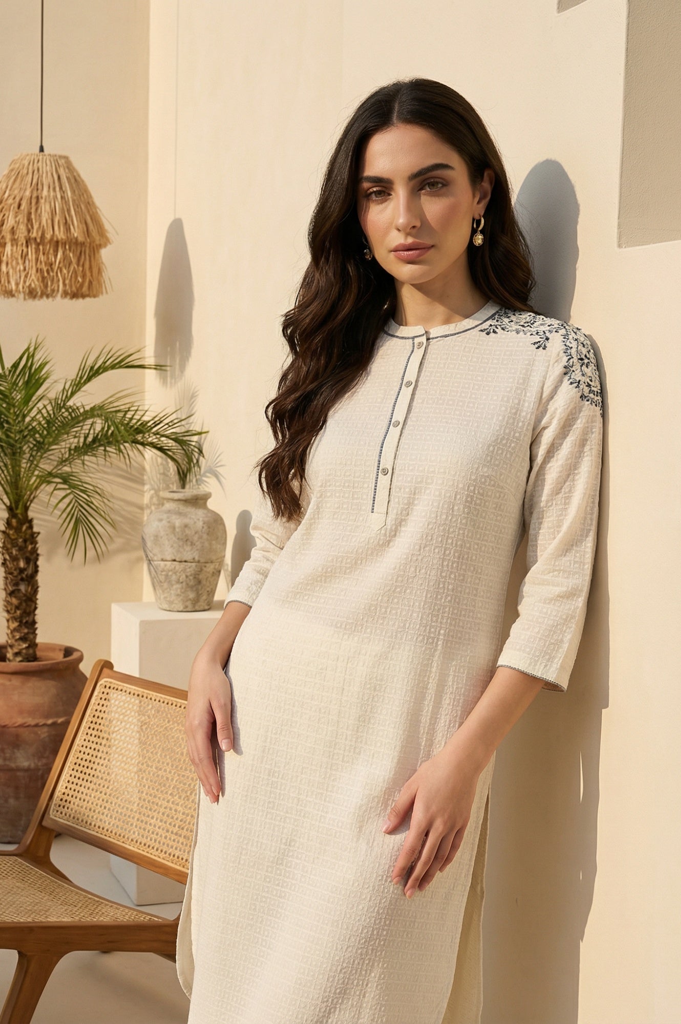 White Thread Embroidered Textured Cotton Kurta