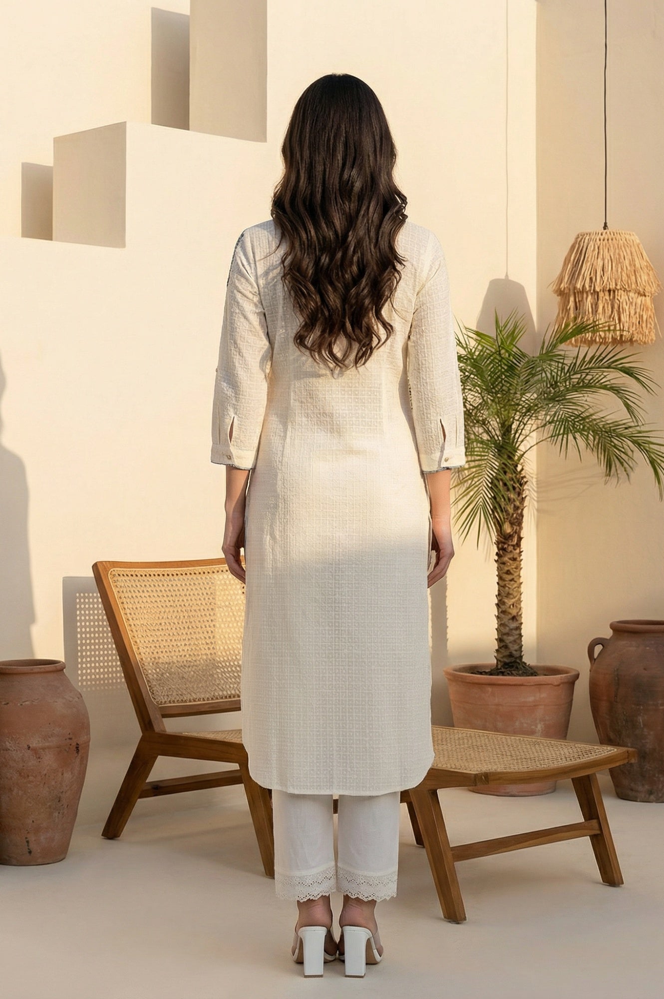White Thread Embroidered Textured Cotton Kurta