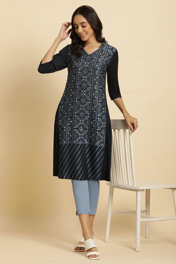 Blue Suzani Motif Dobby Straight Kurta