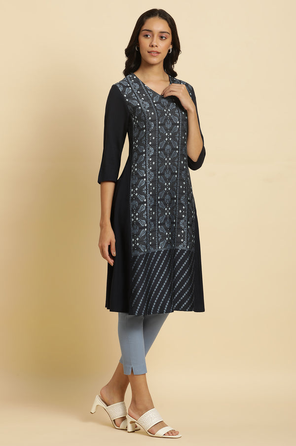 Blue Rayon Flared Kurta and Slim Pant Set