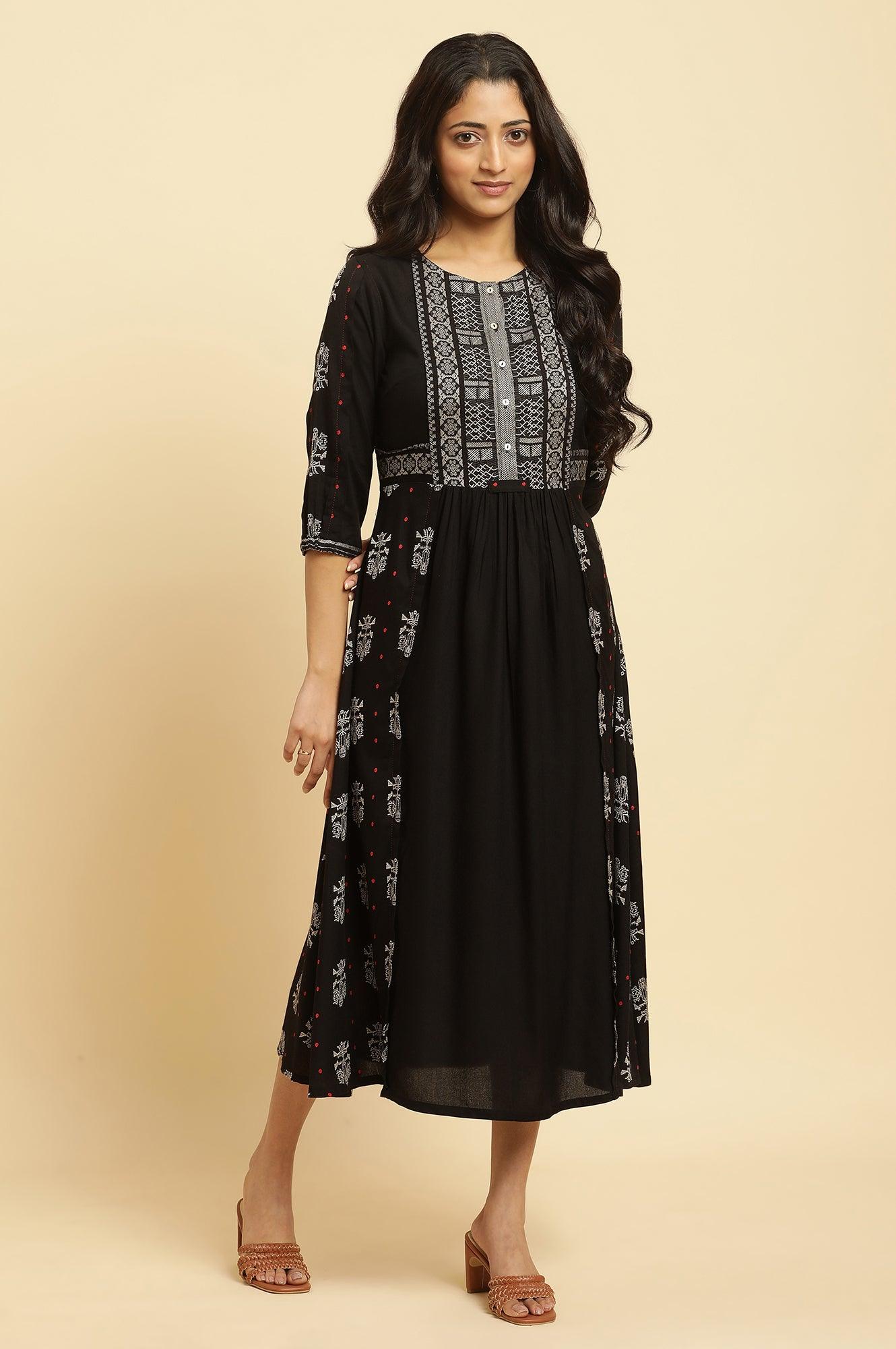 Black Printed Gathered Dress - wforwoman