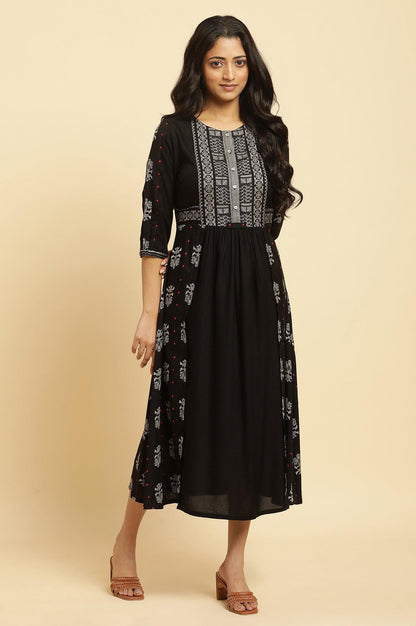 Black Printed Gathered Dress - wforwoman