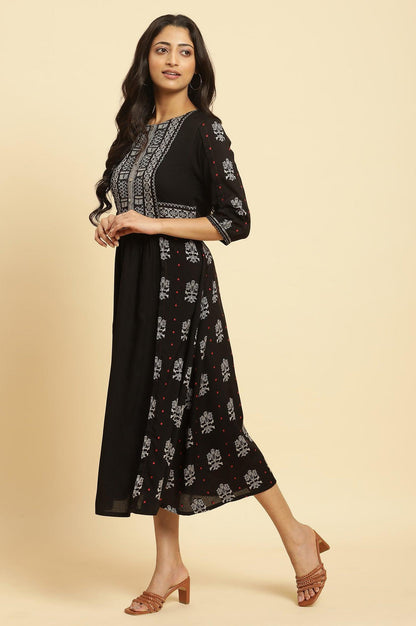 Black Printed Gathered Dress - wforwoman