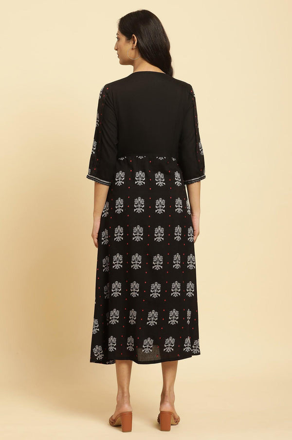 Black Printed Gathered Dress