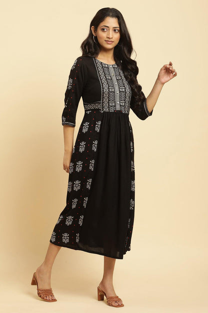 Black Printed Gathered Dress - wforwoman