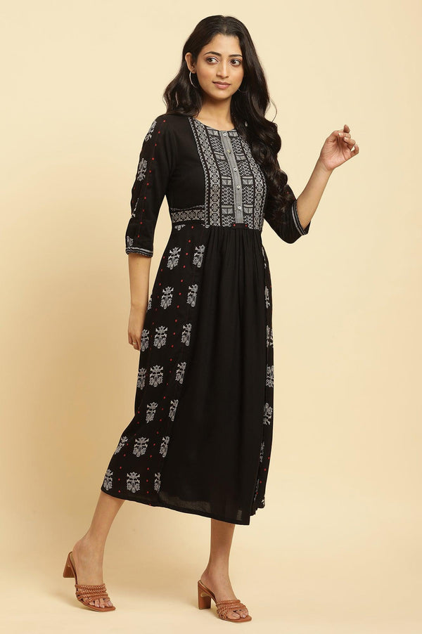 Black Printed Gathered Dress