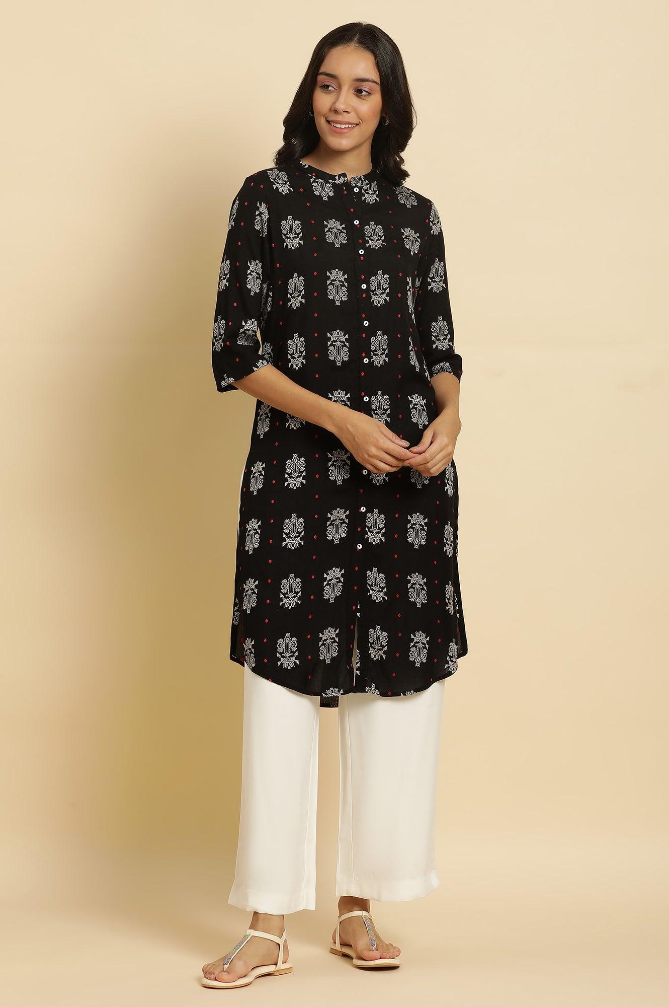 Black Printed Shirt Style Kurta - wforwoman