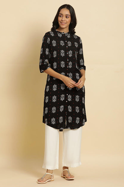Black Printed Shirt Style Kurta - wforwoman