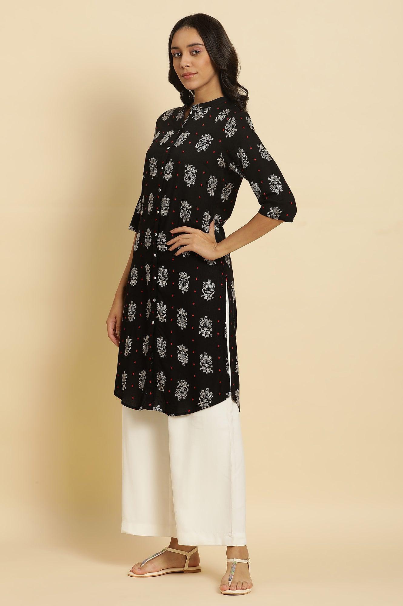 Black Printed Shirt Style Kurta - wforwoman