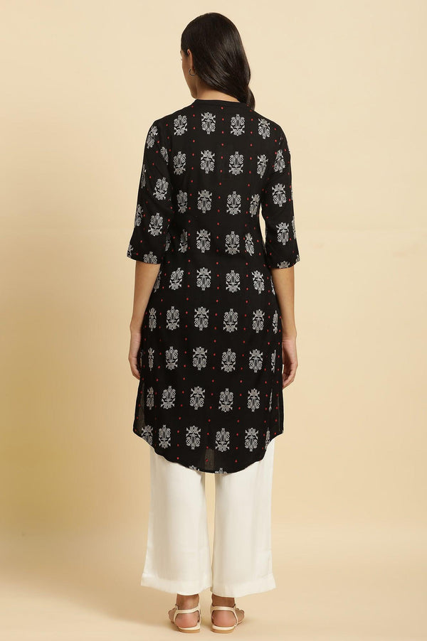 Black Abstract Printed Rayon Shirt-Style Kurta