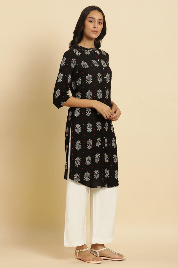 Black Abstract Printed Rayon Shirt-Style Kurta