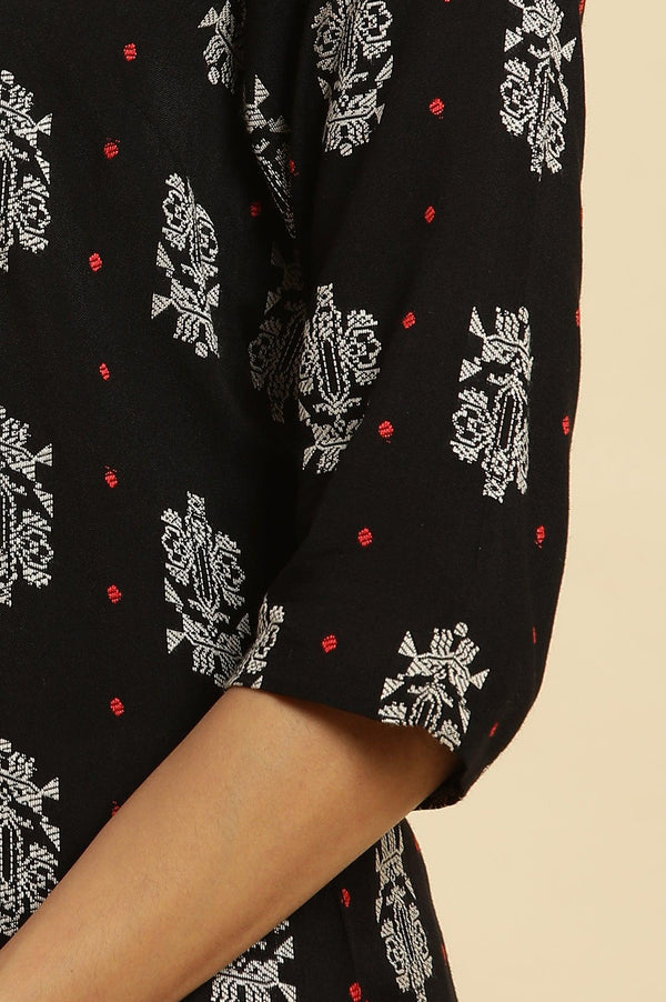 Black Abstract Printed Rayon Shirt-Style Kurta