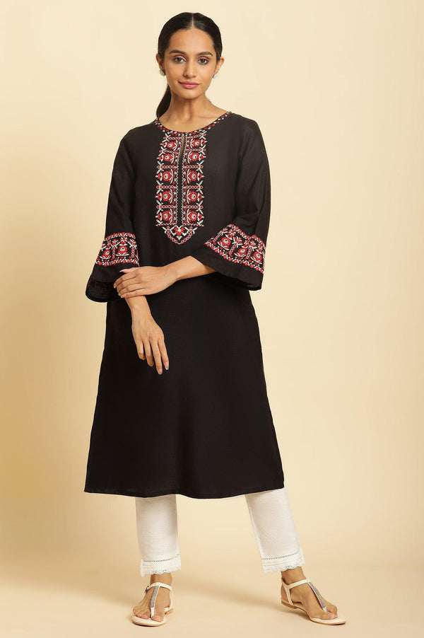 Black Thread Embroidered A-line Rayon Flax Kurta