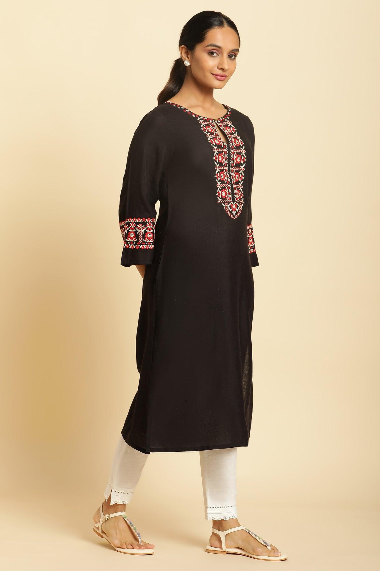 Black A-Line Embroidered Kurta - wforwoman