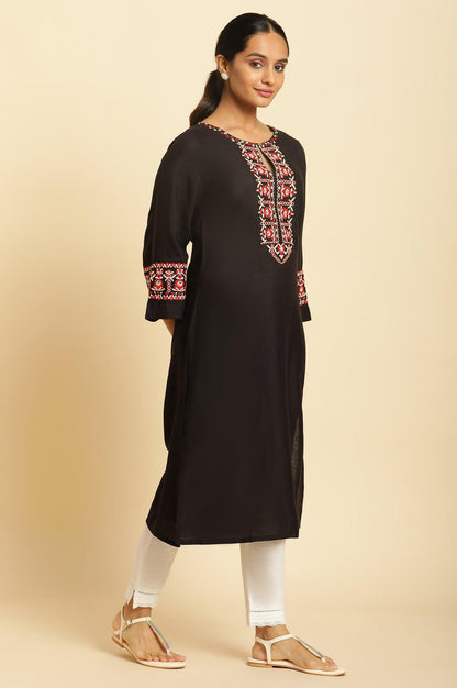 Black A-Line Embroidered Kurta - wforwoman