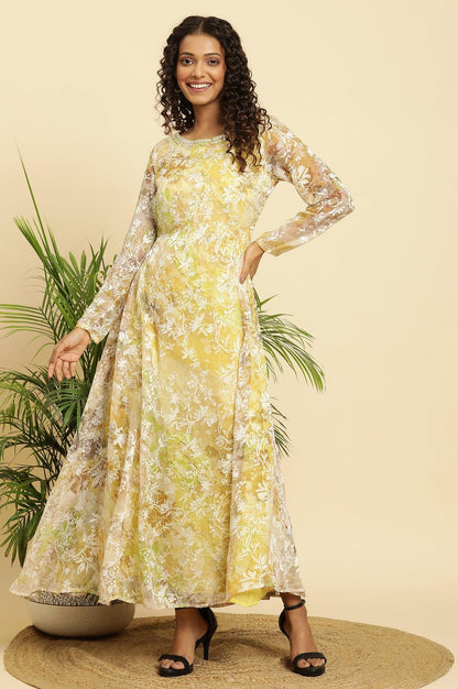 Yellow Self-Designed Flared Dress - wforwoman