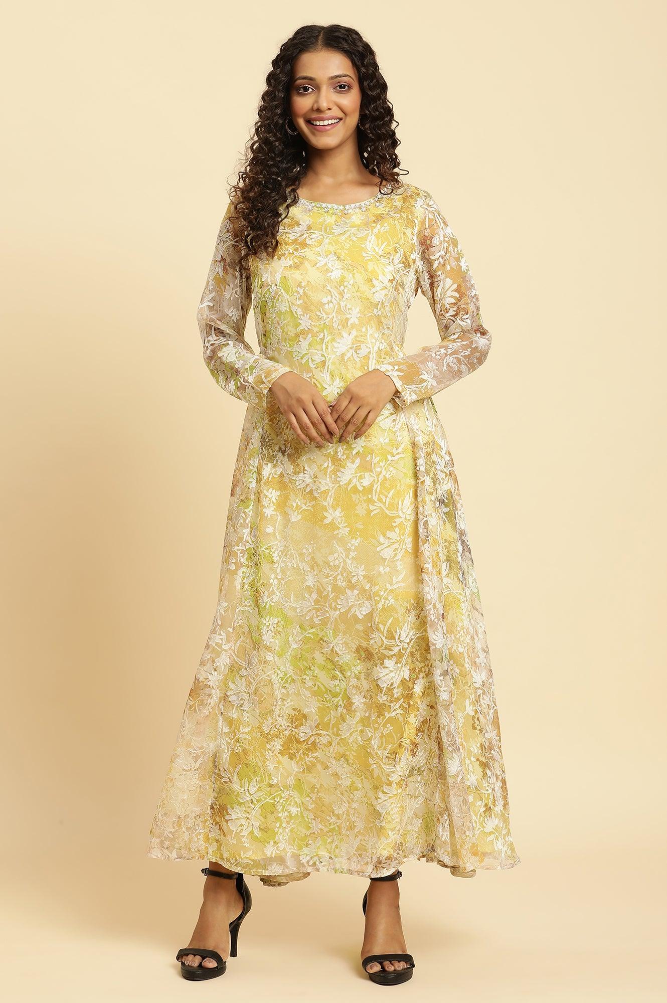 Yellow Self-Designed Flared Dress - wforwoman