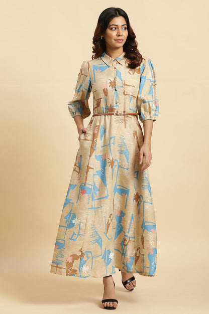 Beige Abstract Printed Western Long Dress With Belt - wforwoman