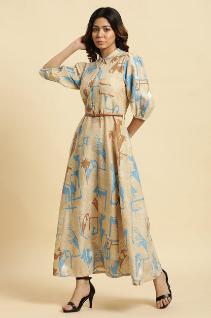 Beige Abstract Printed Western Long Dress With Belt - wforwoman