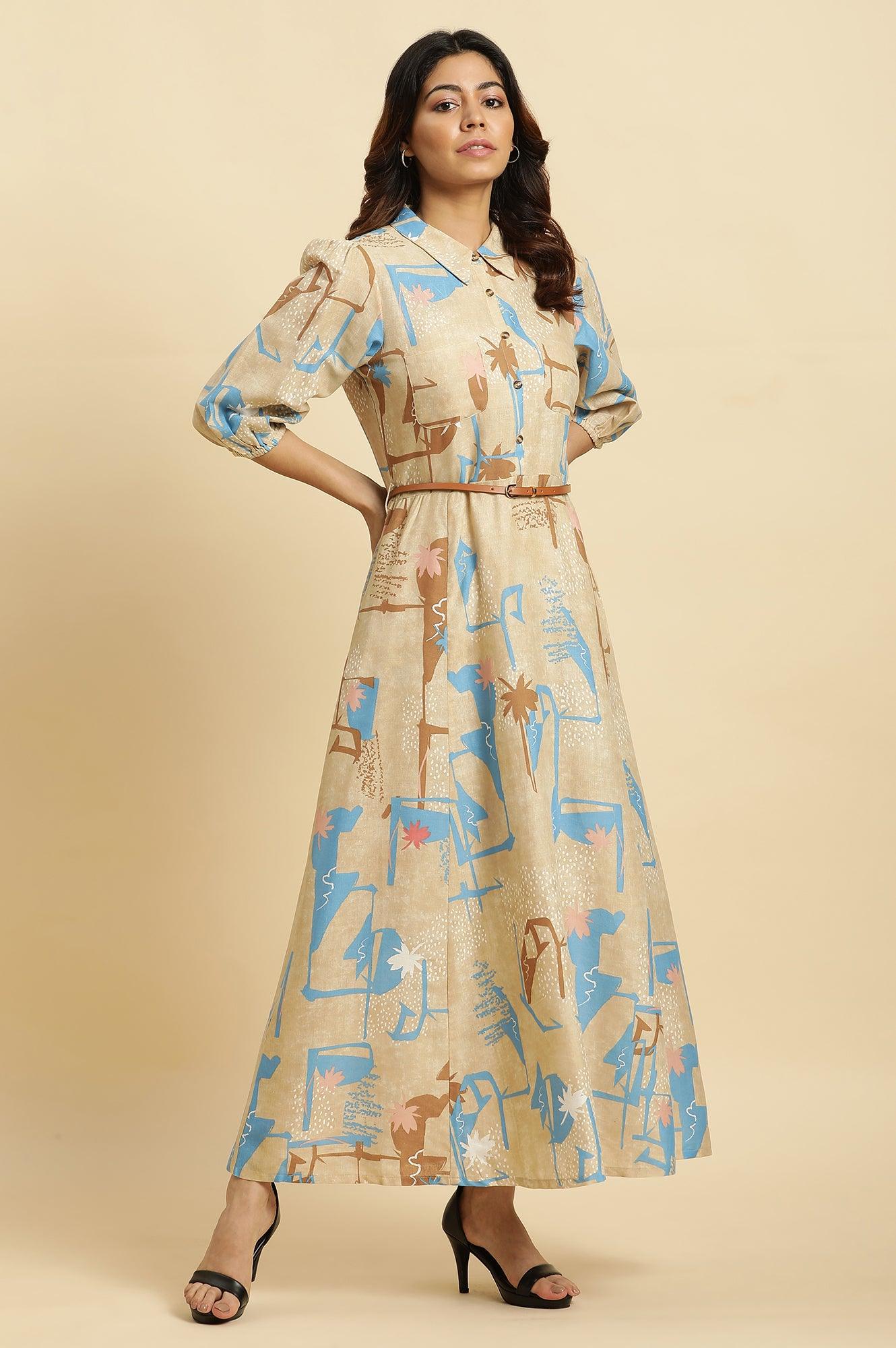 Beige Abstract Printed Western Long Dress With Belt - wforwoman