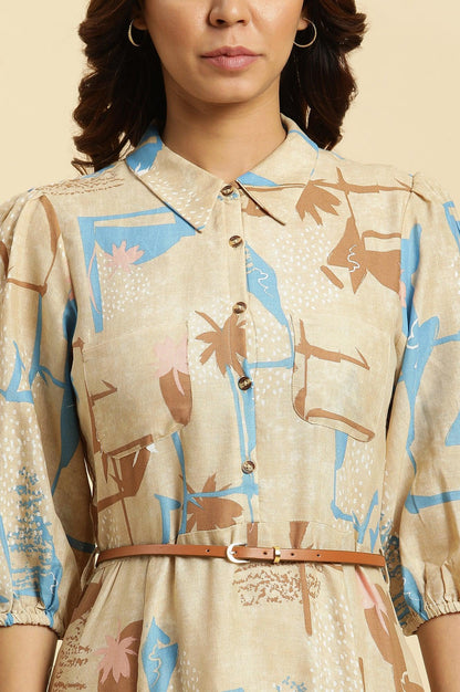 Beige Abstract Printed Western Long Dress With Belt - wforwoman