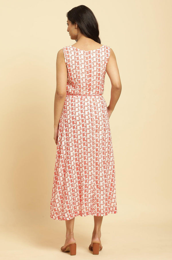 Ecru And Orange Printed Sleeveless Western Dress