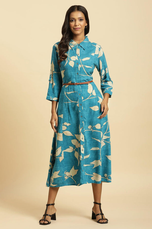 Blue Long Shirt Dress In Abstract Print