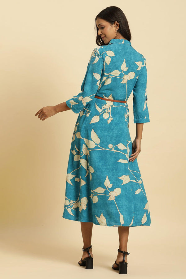 Blue Long Shirt Dress In Abstract Print