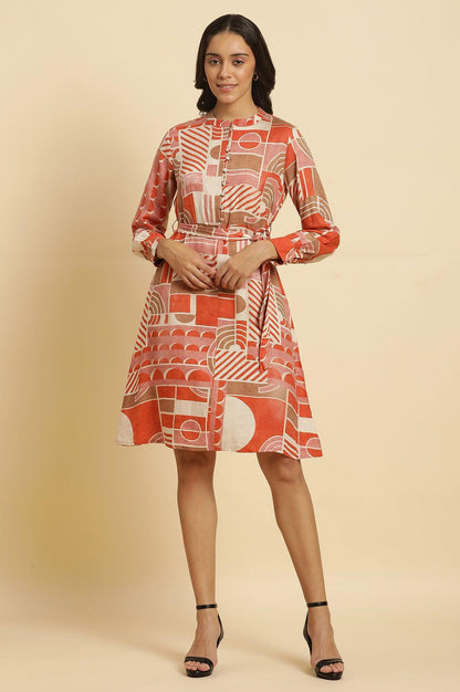 Orange Abstract Printed Western Dress - wforwoman