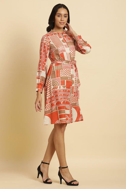 Orange Abstract Printed Western Dress - wforwoman
