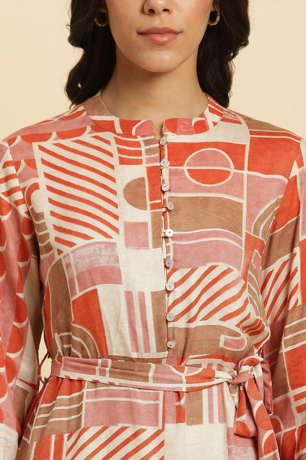 Orange Abstract Printed Western Dress