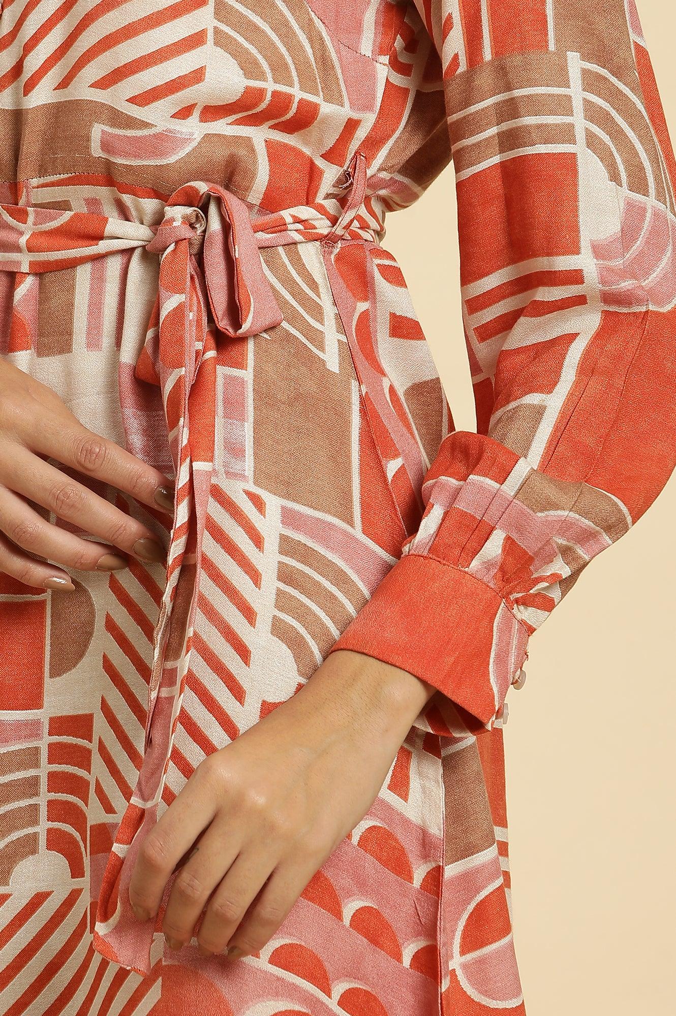 Orange Abstract Printed Western Dress - wforwoman