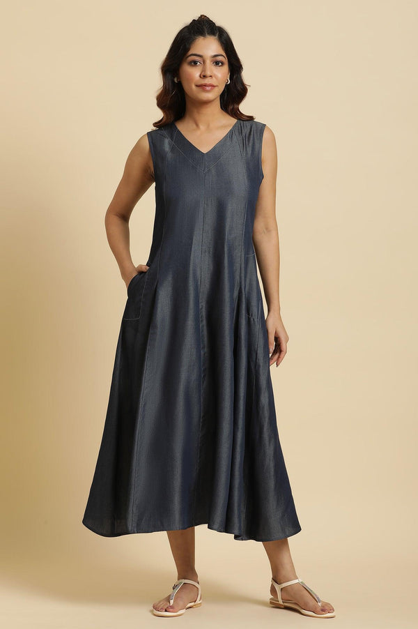 Blue Denim Sleeveless Flowy Dress