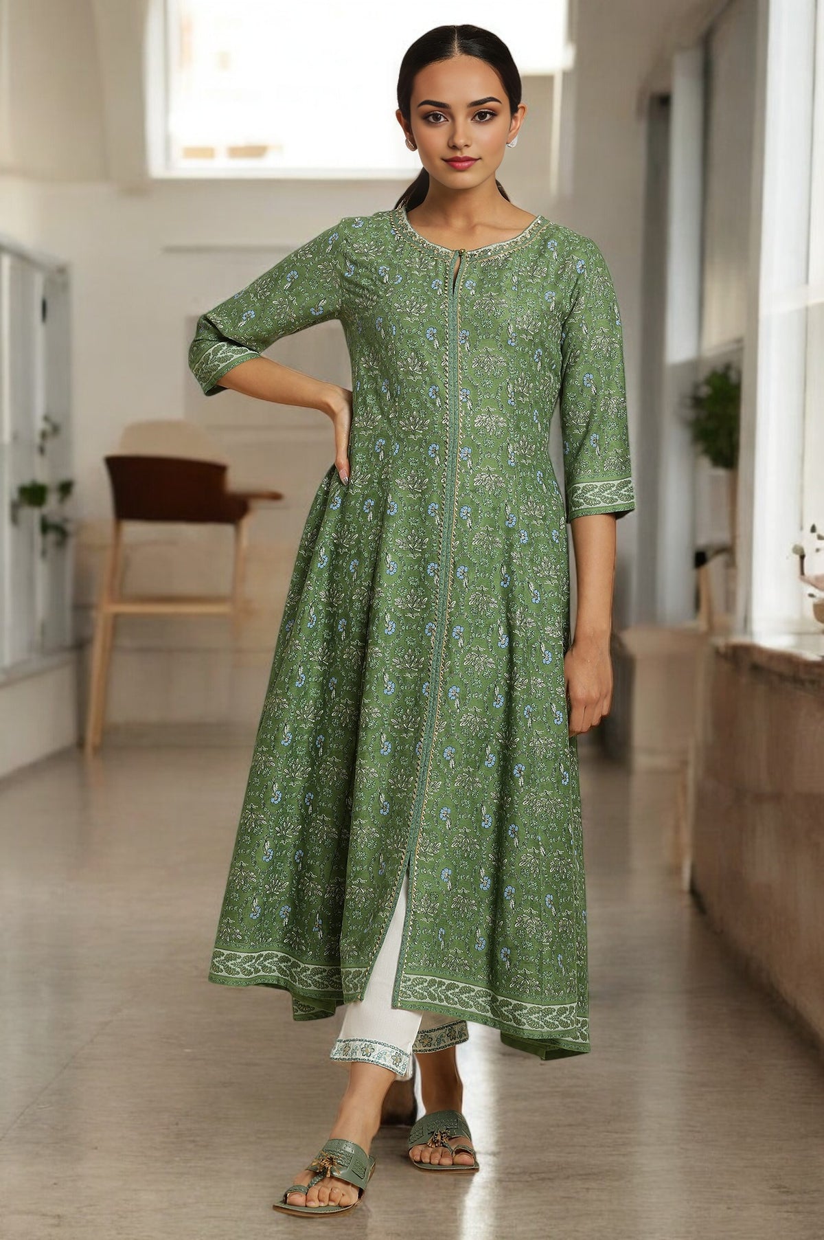 Forest Green Printed Panelled Kurta - XS