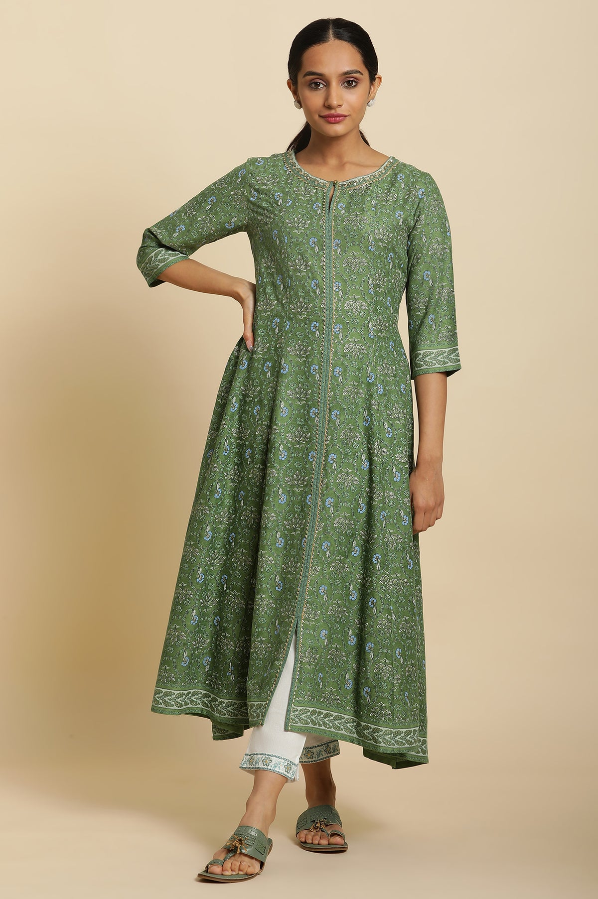 Forest Green Printed Panelled Kurta - S
