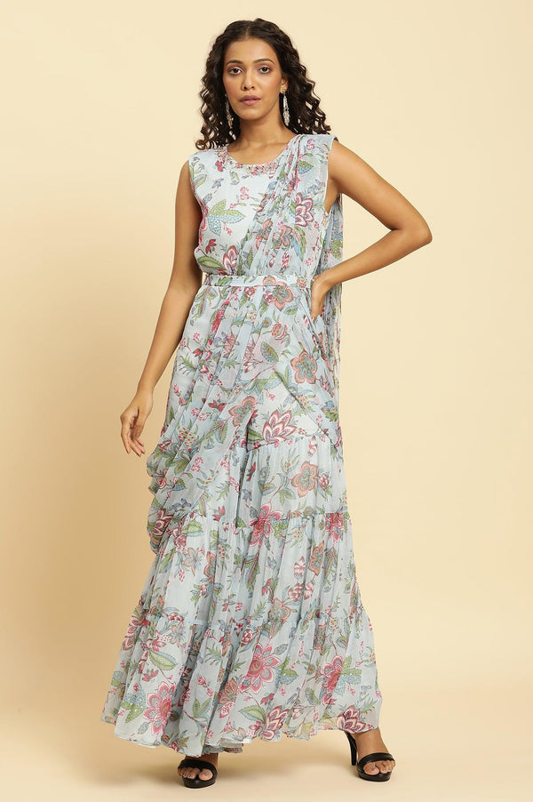 Blue Floral Printed Rayon Wide-Leg Jumpsuit
