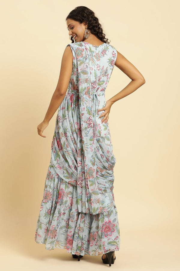 Blue Floral Printed Rayon Wide-Leg Jumpsuit